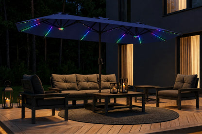 Double-Sided Patio Umbrella with Base & RGB LED Lights