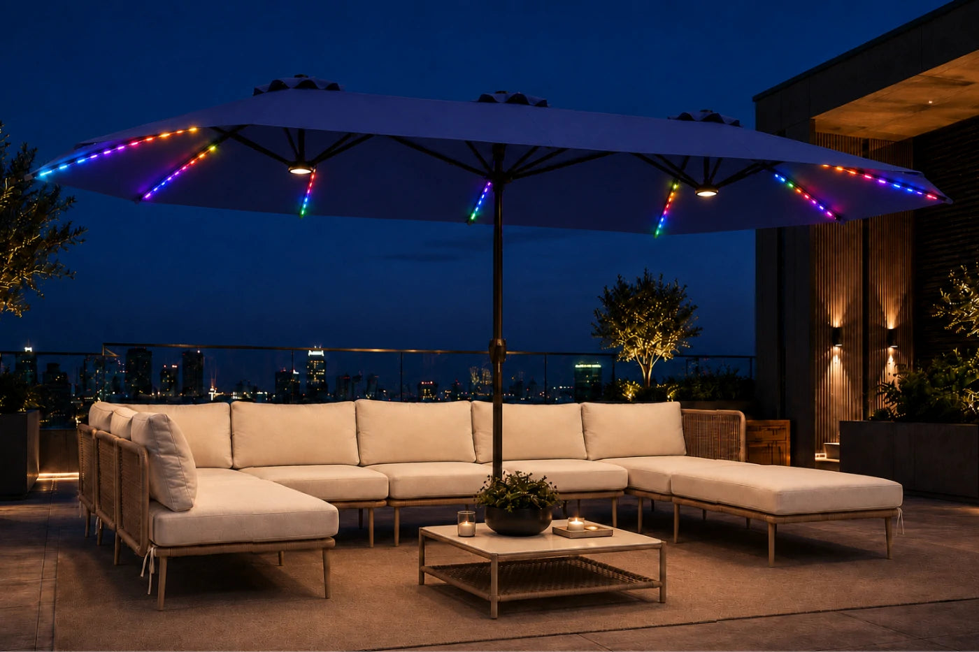 Double-Sided Patio Umbrella with Base & RGB LED Lights