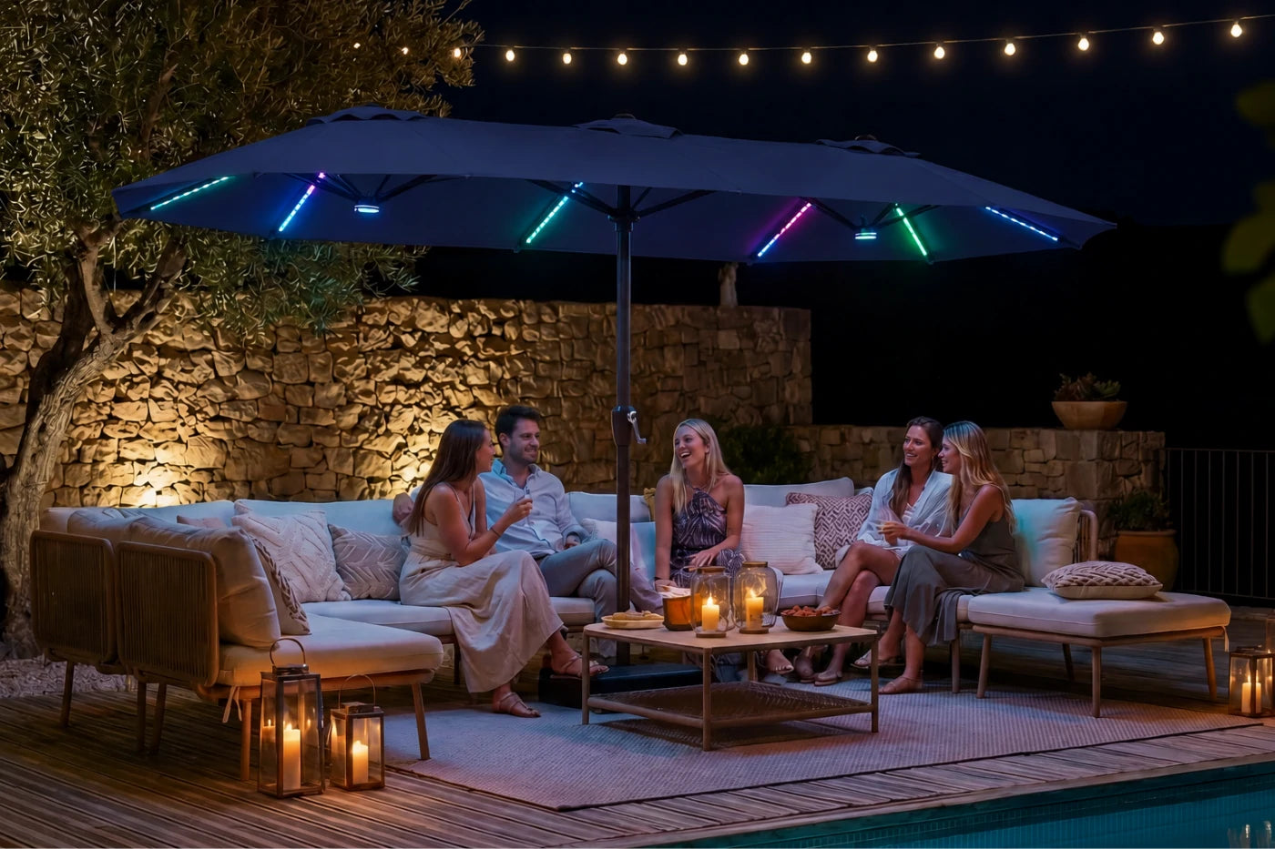 Double-Sided Patio Umbrella with Base & RGB LED Lights