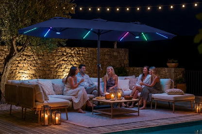 Double-Sided Patio Umbrella with Base & RGB LED Lights