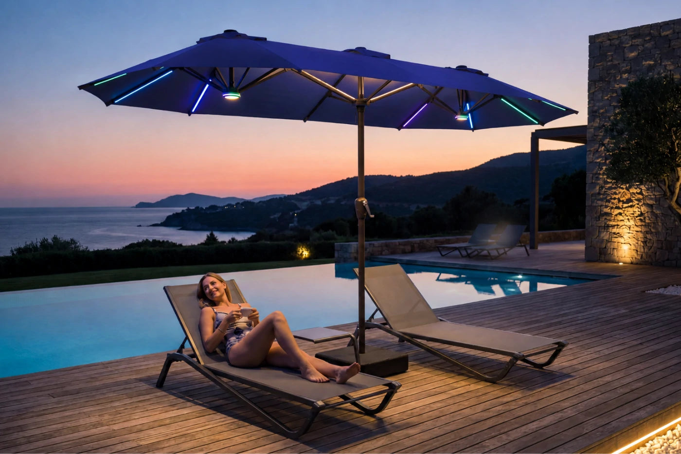 Double-Sided Patio Umbrella with Base & RGB LED Lights