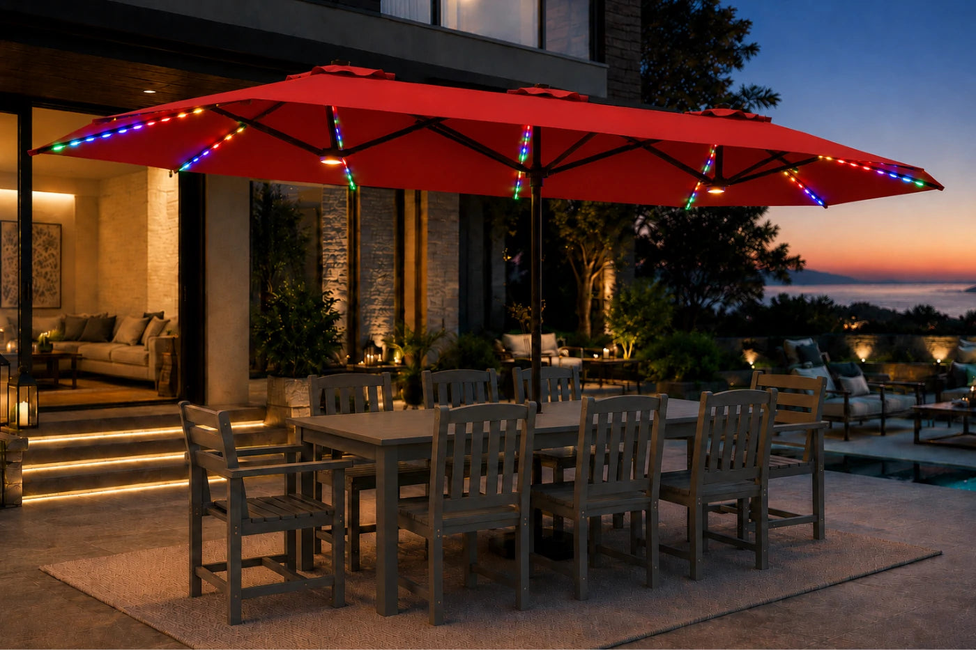 Double-Sided Patio Umbrella with Base & RGB LED Lights