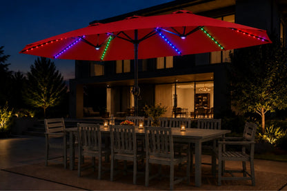 Double-Sided Patio Umbrella with Base & RGB LED Lights