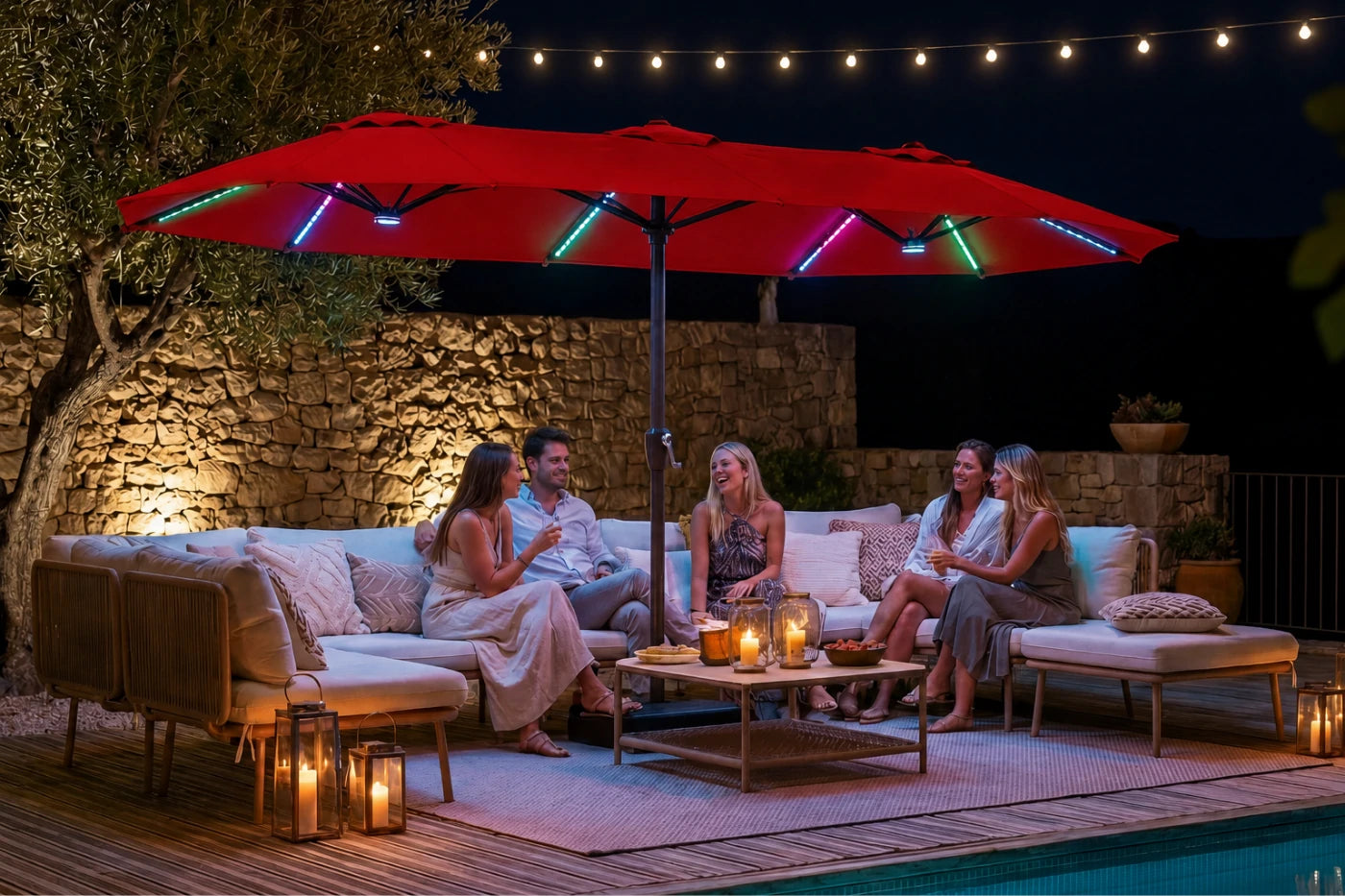 Double-Sided Patio Umbrella with Base & RGB LED Lights