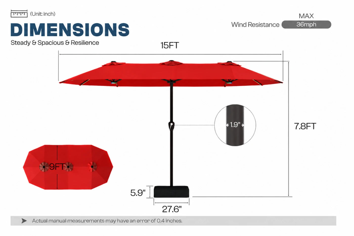 Double-Sided Patio Umbrella with Base & RGB LED Lights