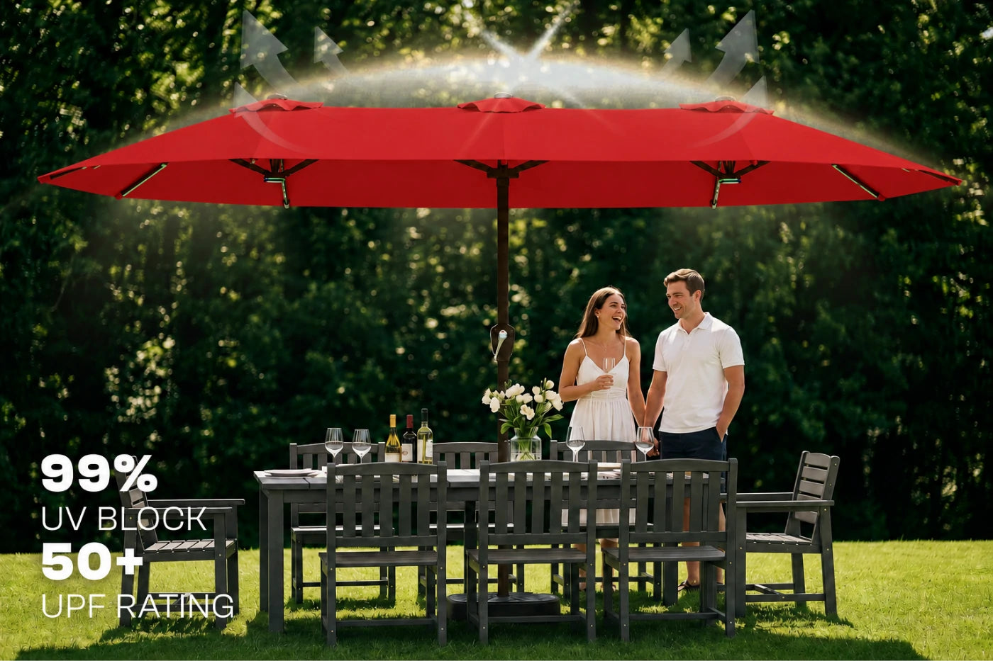 Double-Sided Patio Umbrella with Base & RGB LED Lights