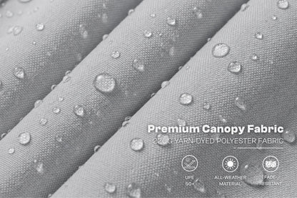 Close-up of gray canopy fabric with water droplets on a folded surface and text reading 'Premium Canopy Fabric' plus small feature icons.