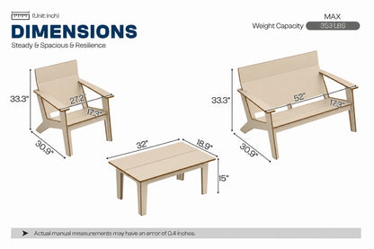 A dimension diagram showing three pieces of outdoor furniture: an armchair, a loveseat, and a coffee table, with labeled measurements in inches and a note about weight capacity of 353 LBS.