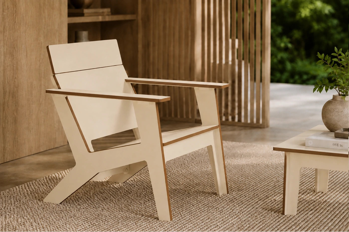 A modern chair with a beige finish and medium brown edge accents, styled in a minimalist indoor-outdoor setting with a small wooden side table and a plant.
