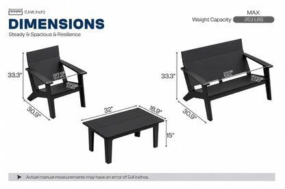 A dimension diagram showing a black outdoor loveseat, matching black coffee table, and black armchair with measurement labels and text including 'DIMENSIONS', 'Steady & Spacious & Resilience', and 'Weight Capacity MAX 353 LBS'.
