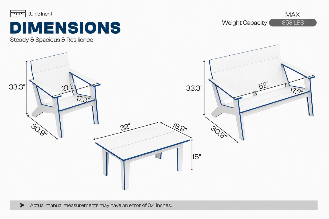 A dimension diagram showing a white outdoor patio bench and matching rectangular table with blue outline measurements and text reading 'DIMENSIONS' and 'Steady & Spacious & Resilience.'.