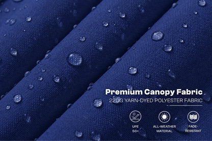 Close-up of navy blue fabric with water droplets on the surface, showing rolled folds and printed text that reads 'Premium Canopy Fabric' and '220G YARN-DYED POLYESTER FABRIC,' plus small icons for UPE 50+, all-weather material, and fade resistance.