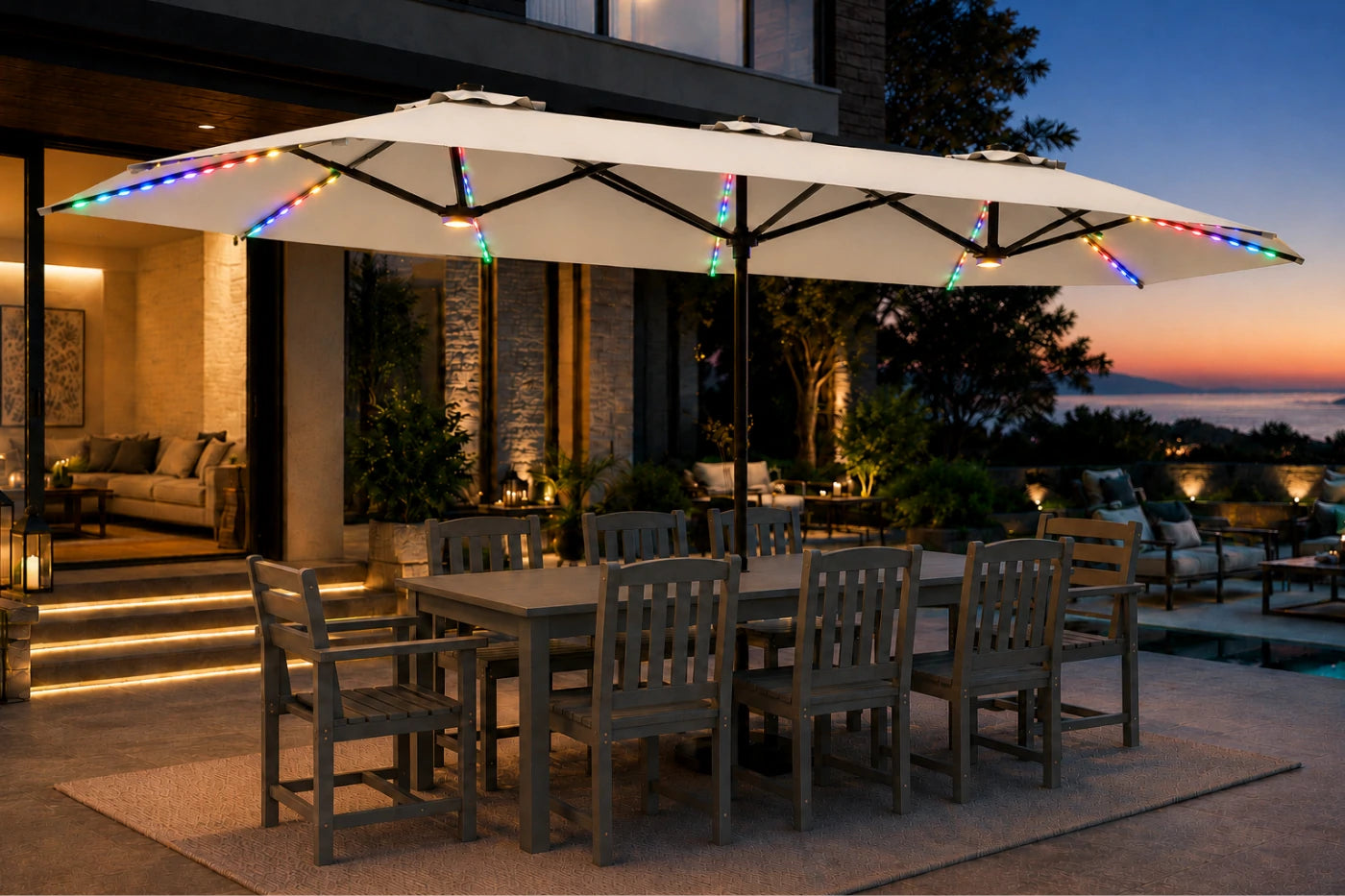 Double-Sided Patio Umbrella with Base & RGB LED Lights