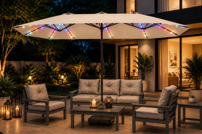 Double-Sided Patio Umbrella with Base & RGB LED Lights