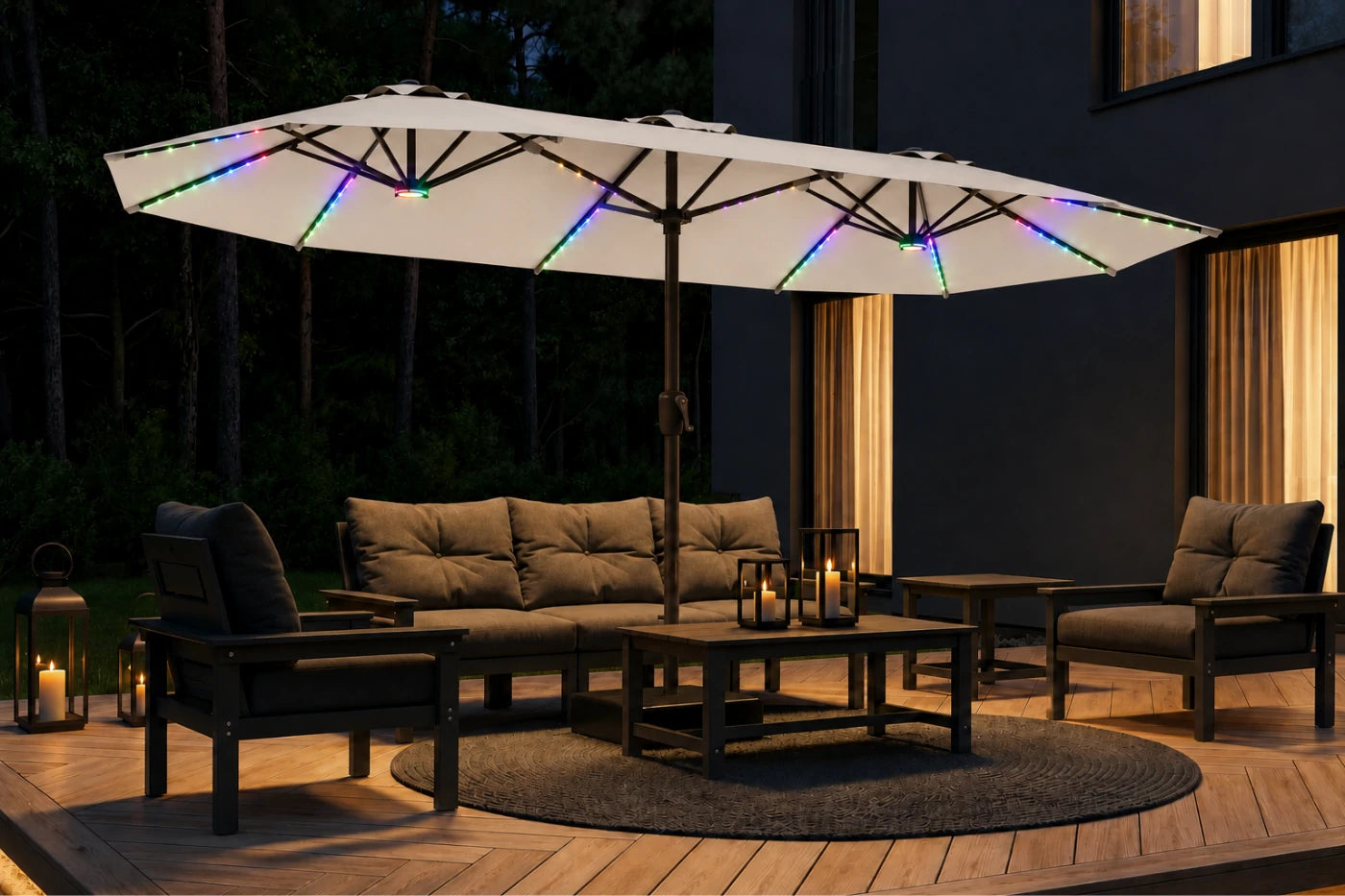 Double-Sided Patio Umbrella with Base & RGB LED Lights