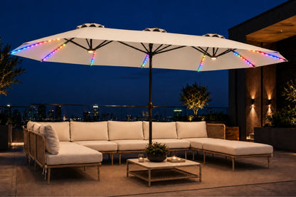 Double-Sided Patio Umbrella with Base & RGB LED Lights