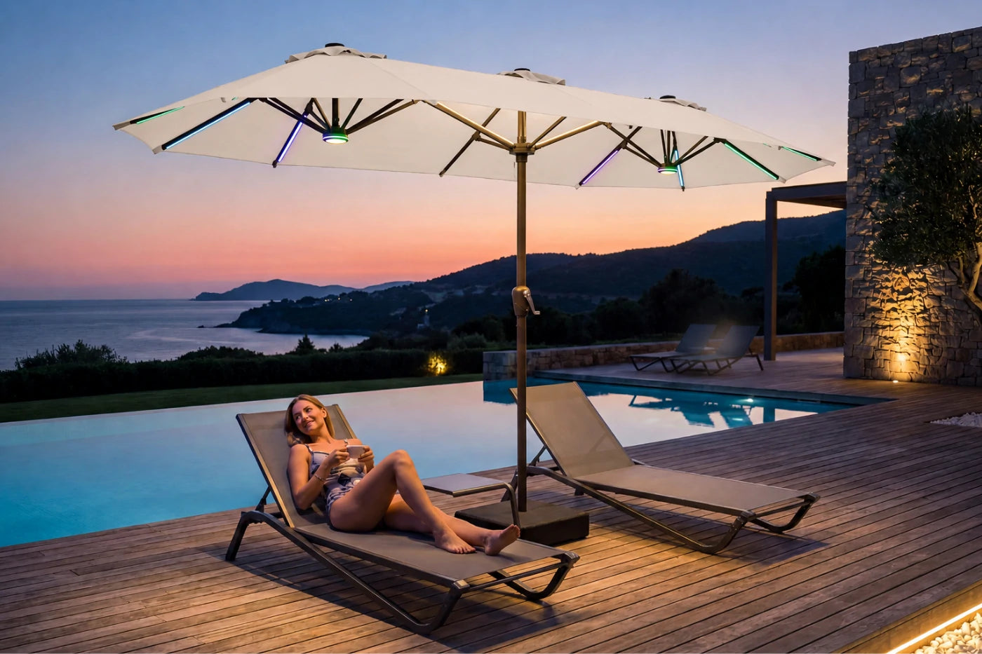 Double-Sided Patio Umbrella with Base & RGB LED Lights