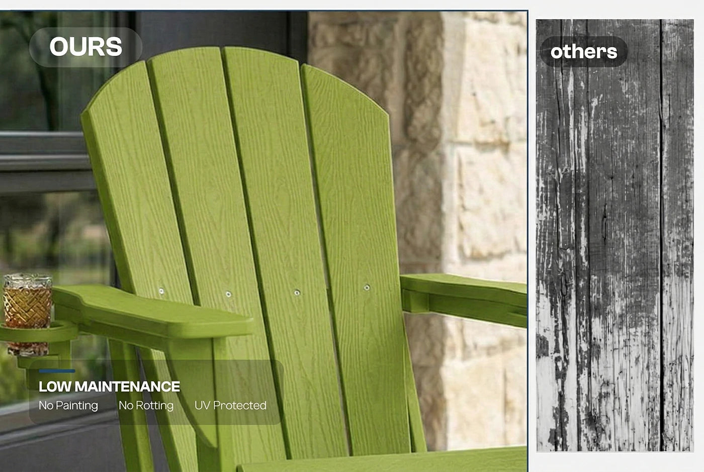 Green chair labeled 'OURS' next to a comparison of 'others' with a wooden texture.