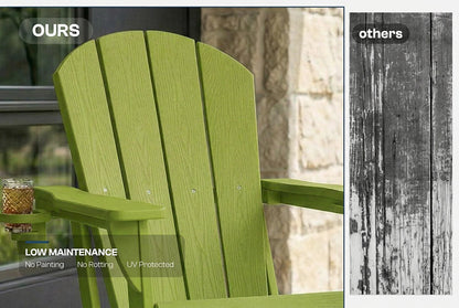 Green chair labeled 'OURS' next to a comparison of 'others' with a wooden texture.