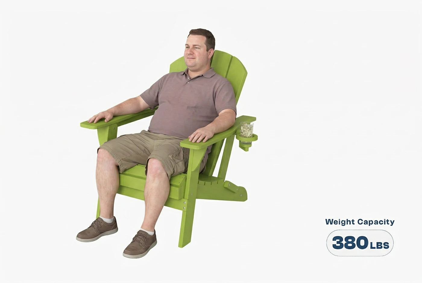 Man sitting in a green chair with a weight capacity label on a white background
