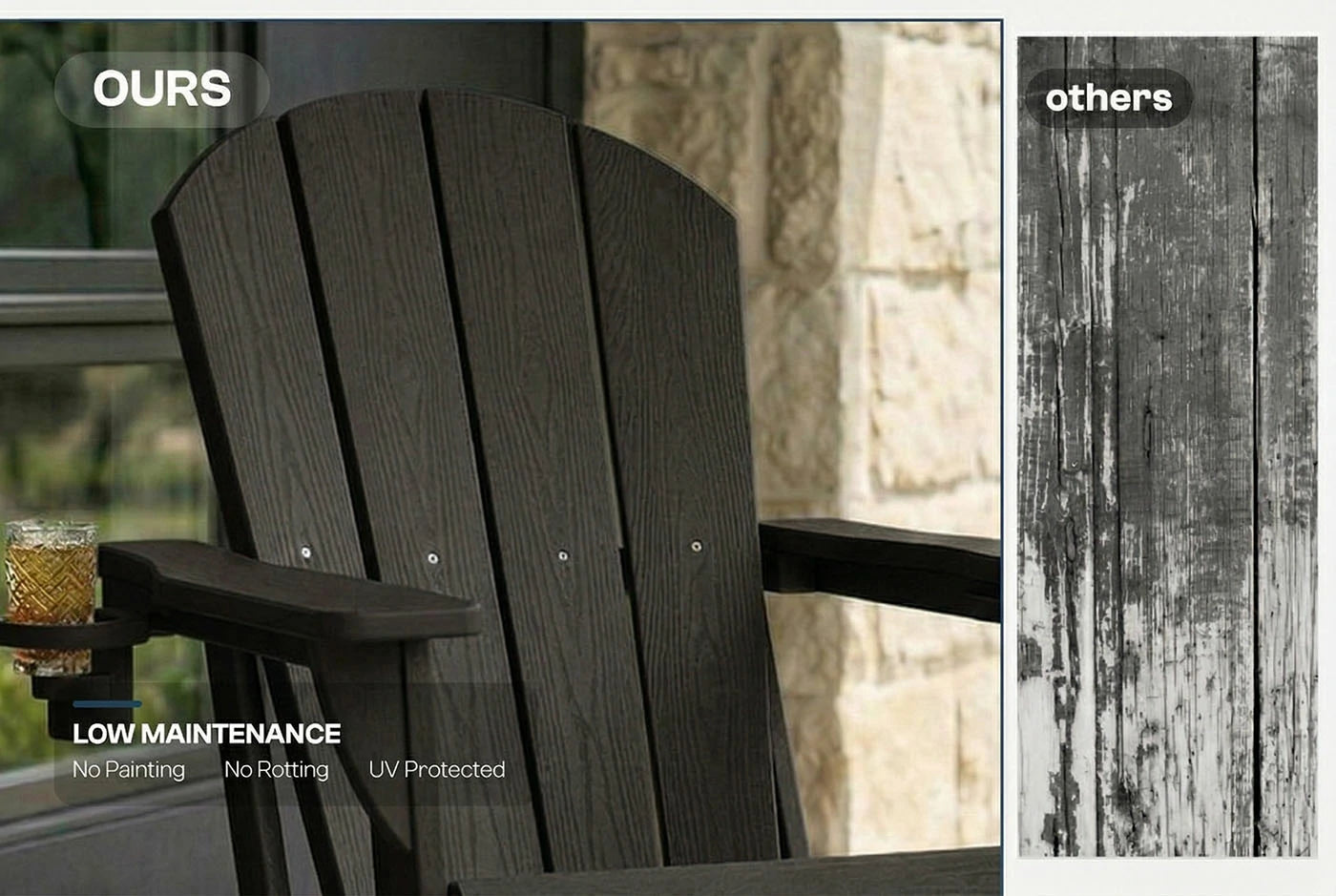 Dark wooden chair with 'OURS' label, showing low maintenance features, next to a comparison of 'others' chair.