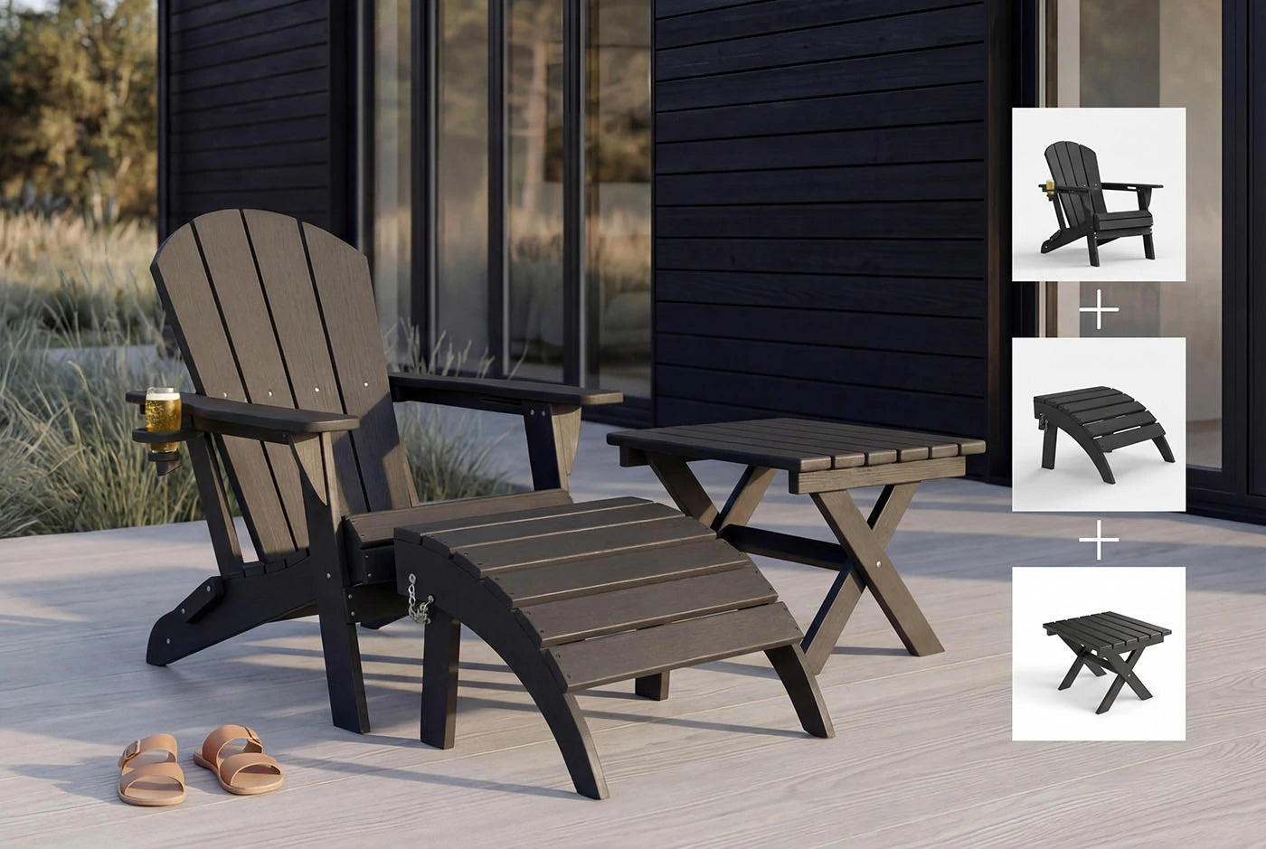 Adirondack chair and ottoman on a wooden deck with a small table.