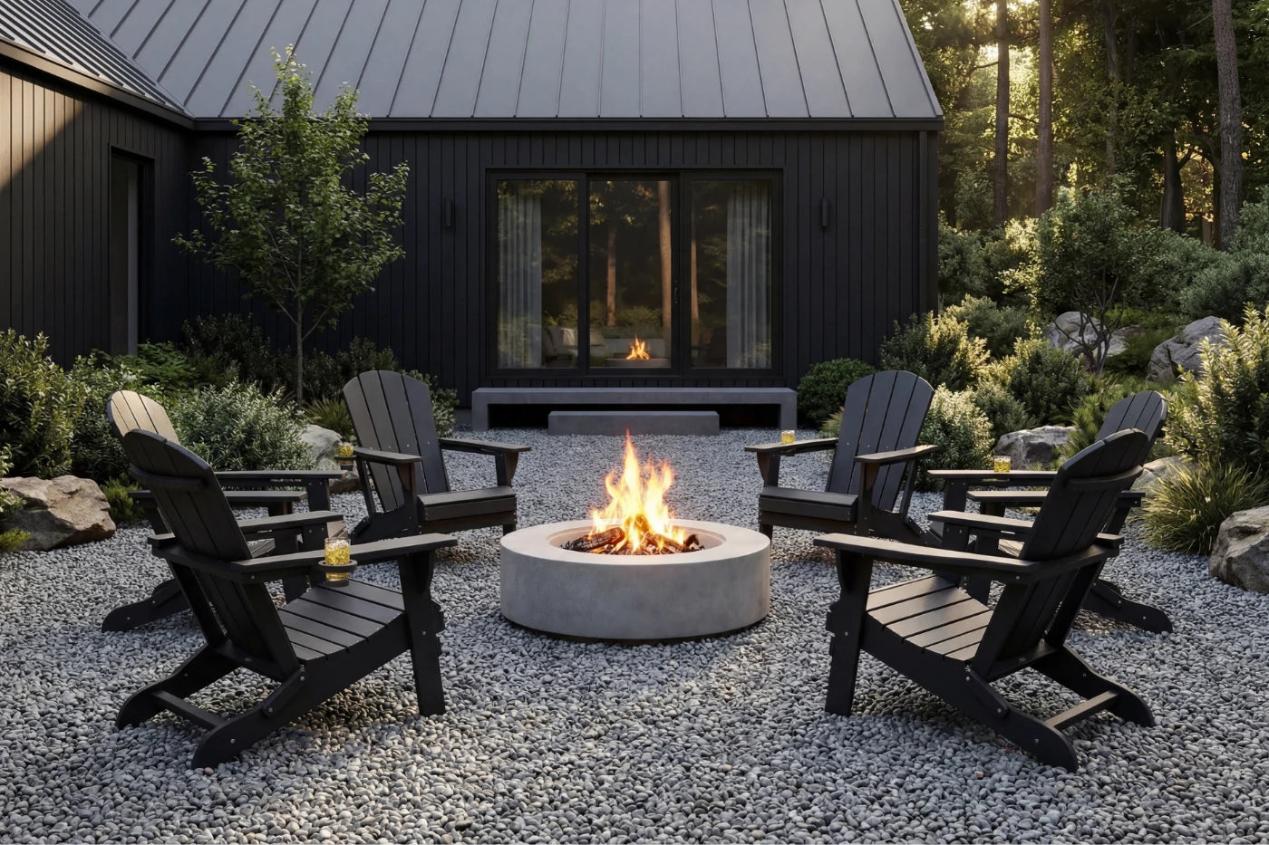 Outdoor patio with Adirondack chairs around a fire pit in front of a black cabin.