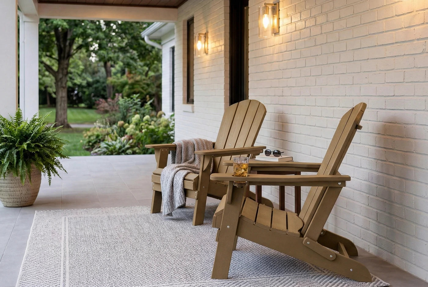 Two JDPE Adirondack chairs on a porch with a garden view.