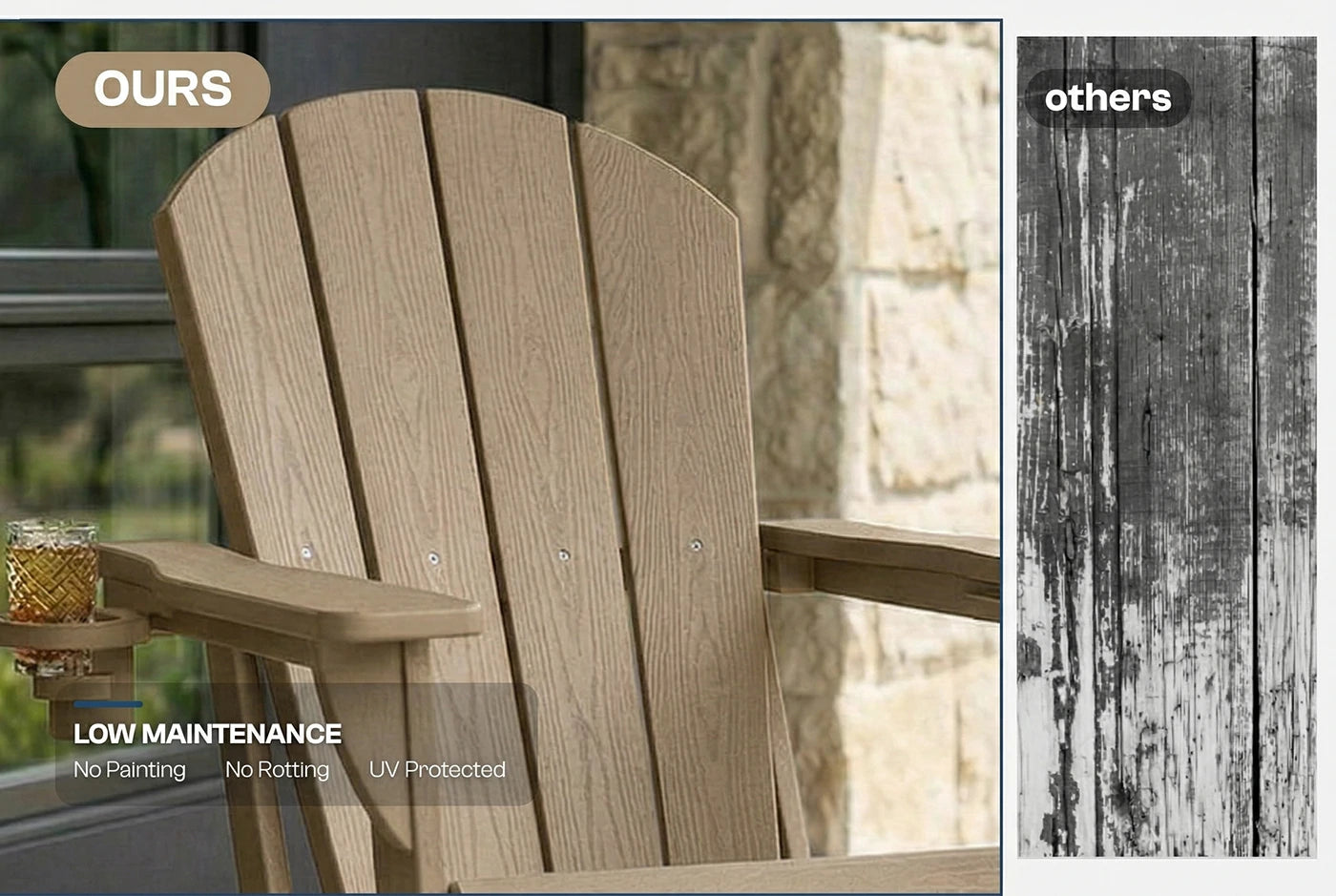 HDPE chair with 'OURS' label on the left and 'others' label on the right, set against a blurred outdoor background.