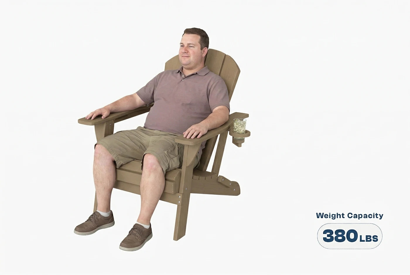 Man sitting in a HDPE chair with a weight capacity label on a white background