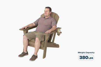 Man sitting in a HDPE chair with a weight capacity label on a white background