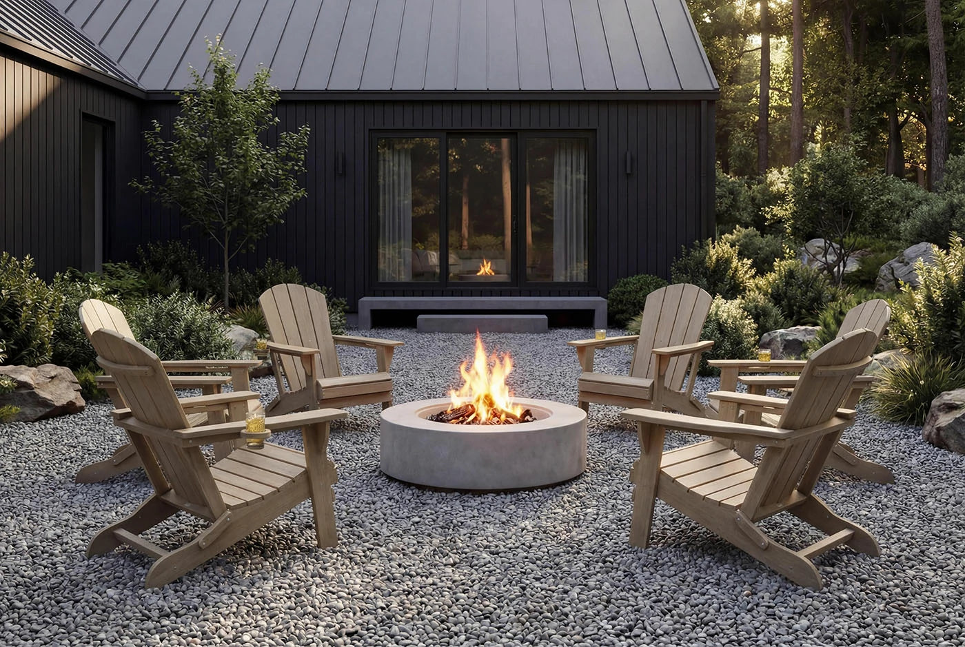 Outdoor setting with HDPE chairs around a fire pit in front of a dark-colored building.