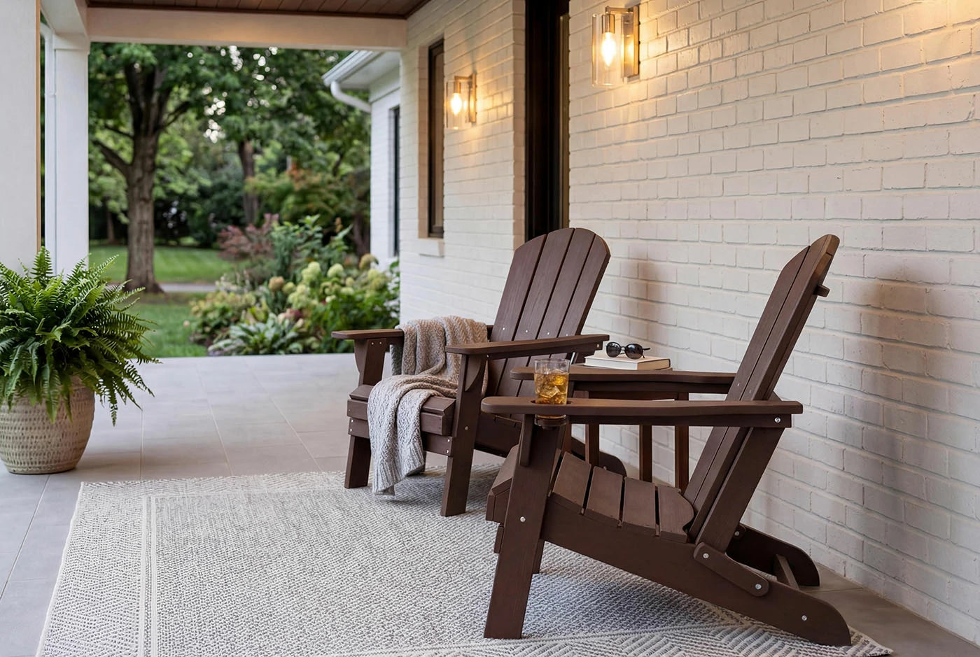 Two HDPE Adirondack chairs on a porch with a white brick wall and garden view.