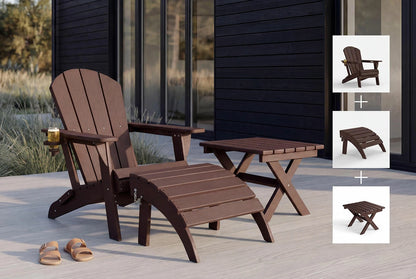 Adirondack chair and ottoman on a wooden deck with a small table.