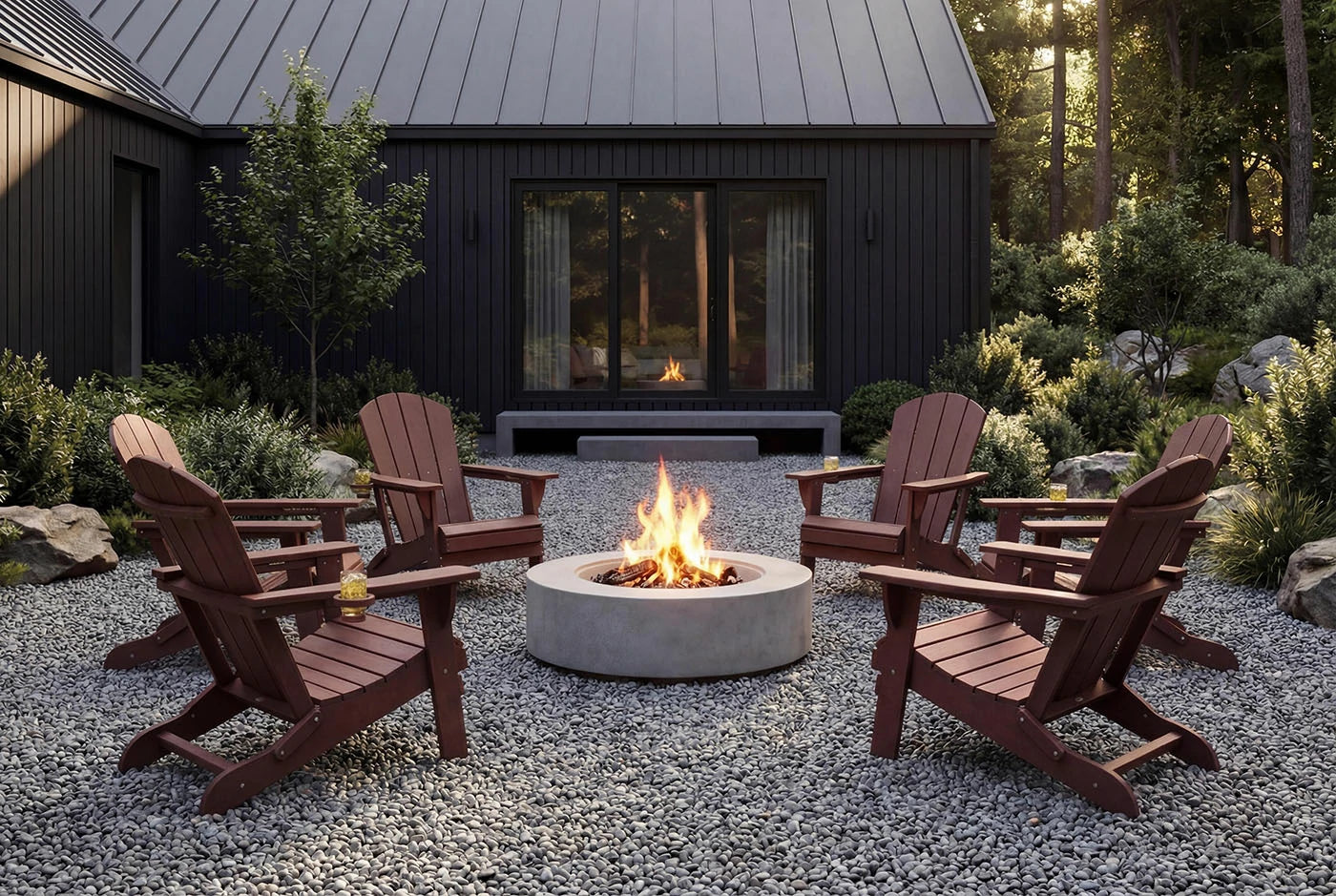 Outdoor setting with HDPE chairs around a fire pit in front of a house.
