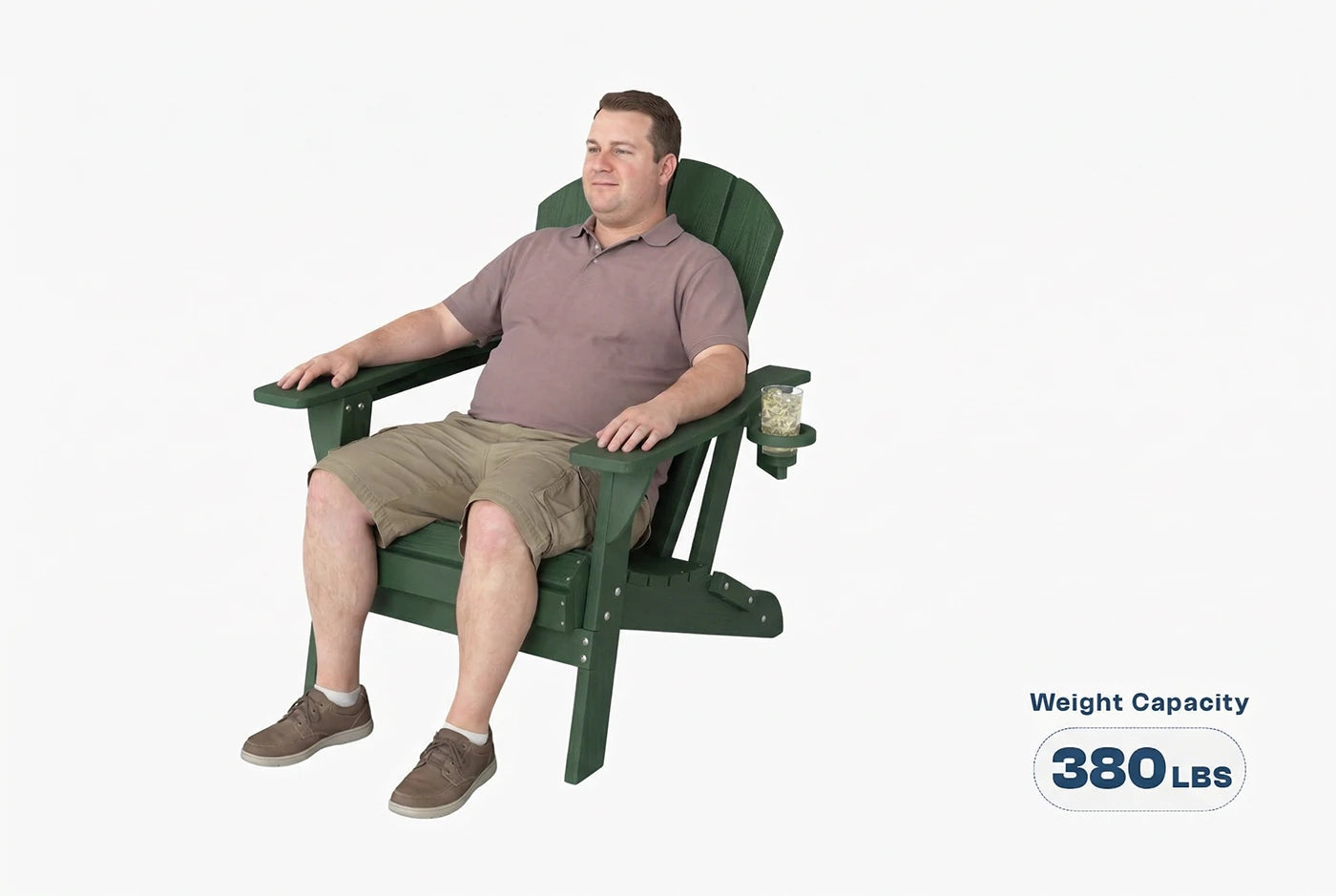 Man sitting on a green Adirondack chair with a weight capacity label on a white background