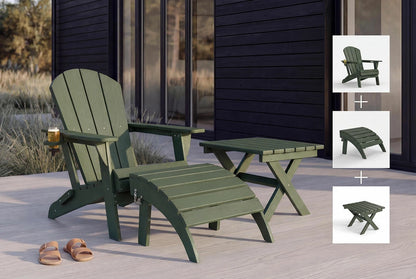 Green Adirondack chair and table set on a wooden deck with a black building in the background.