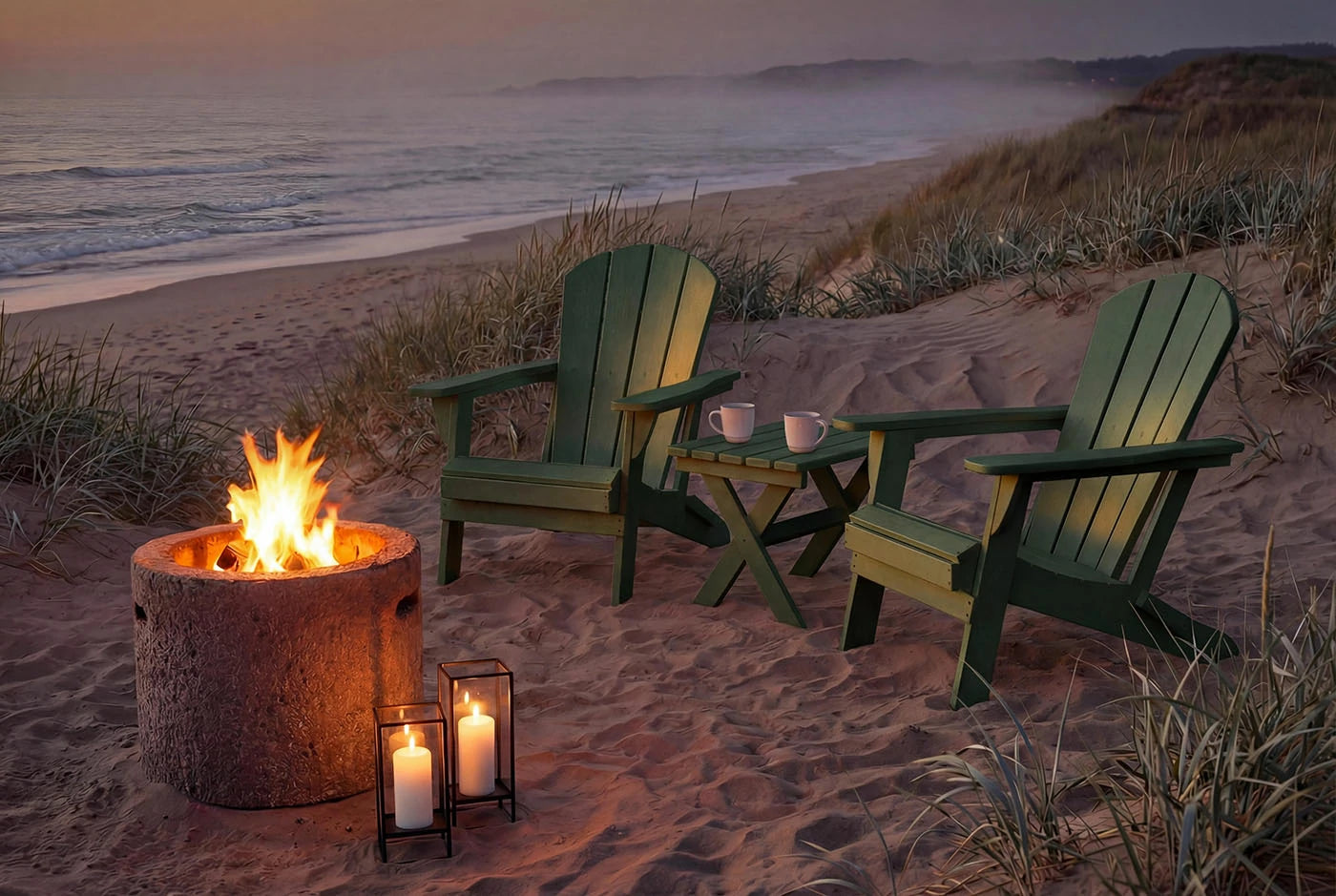 Two green Adirondack chairs around a fire pit on a sandy beach at dusk.