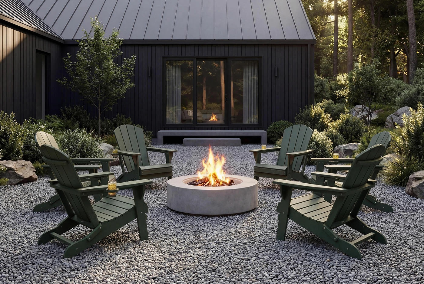 Outdoor setting with green Adirondack chairs around a fire pit in front of a dark-colored building.