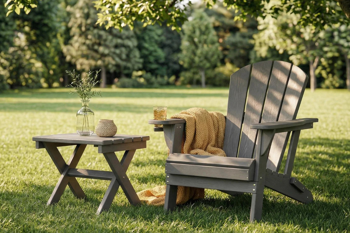 Outdoor setting with a wooden chair and table on grass