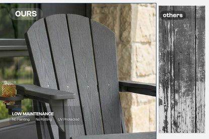 Gray Adirondack chair with text highlighting low maintenance features, next to a comparison of different wood finishes.
