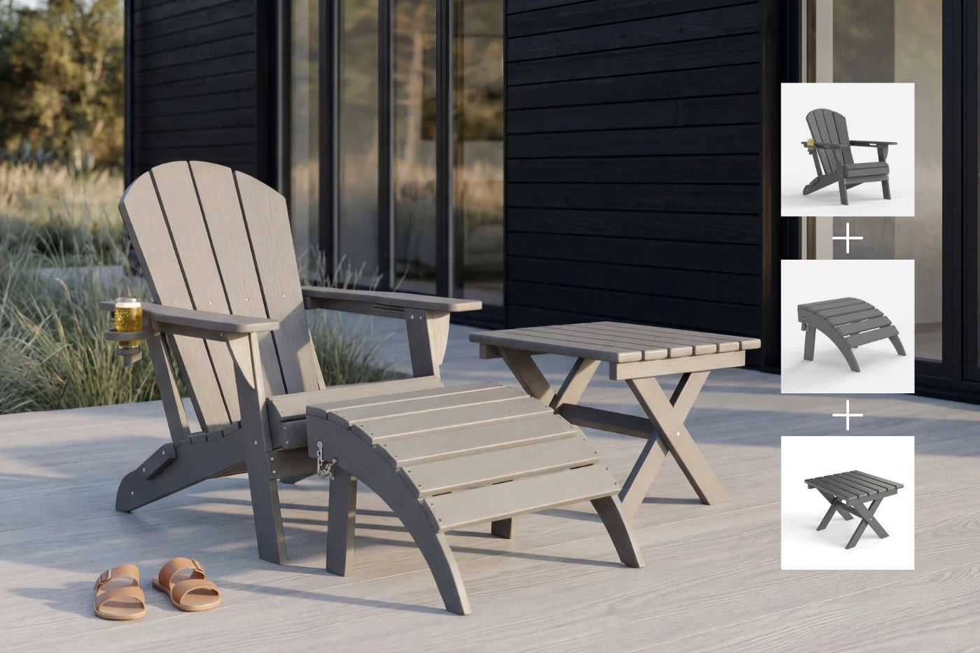 Outdoor furniture set with Adirondack chair and table on a patio.