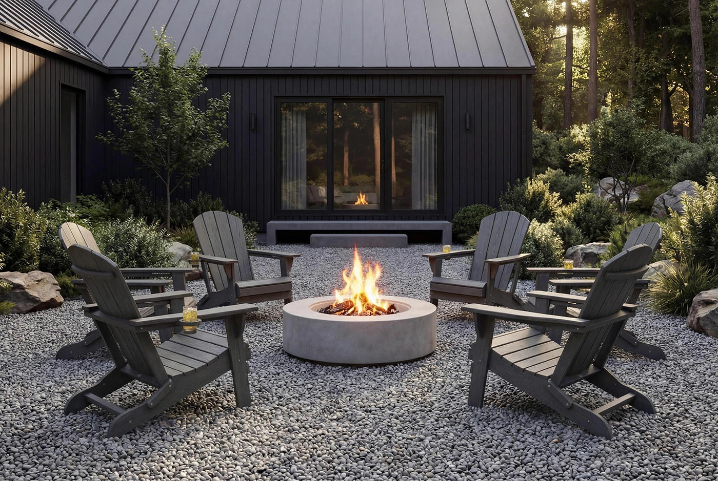 Outdoor patio with fire pit and Adirondack chairs in front of a cabin.