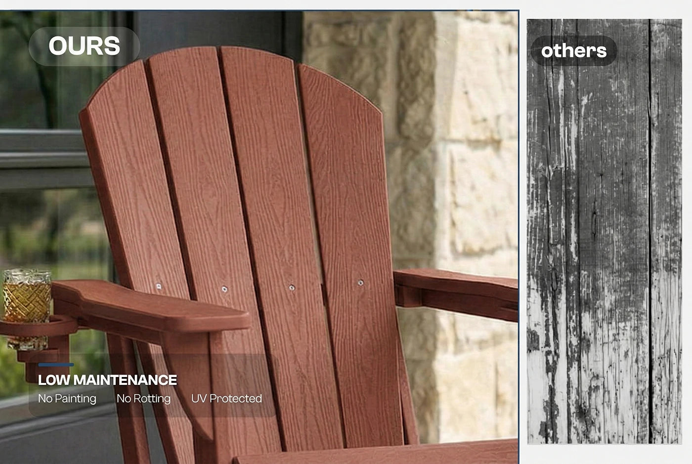 HDPE chair with 'OURS' label on left and 'others' label on right against a blurred outdoor background.