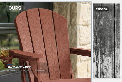 HDPE chair with 'OURS' label on left and 'others' label on right against a blurred outdoor background.