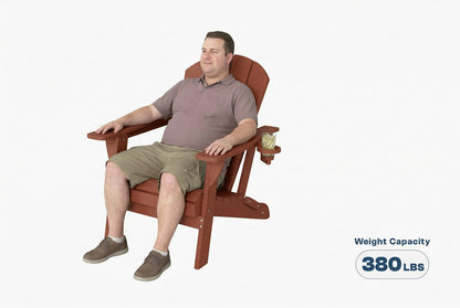 Man sitting in a HDPE chair with a weight capacity label on a white background