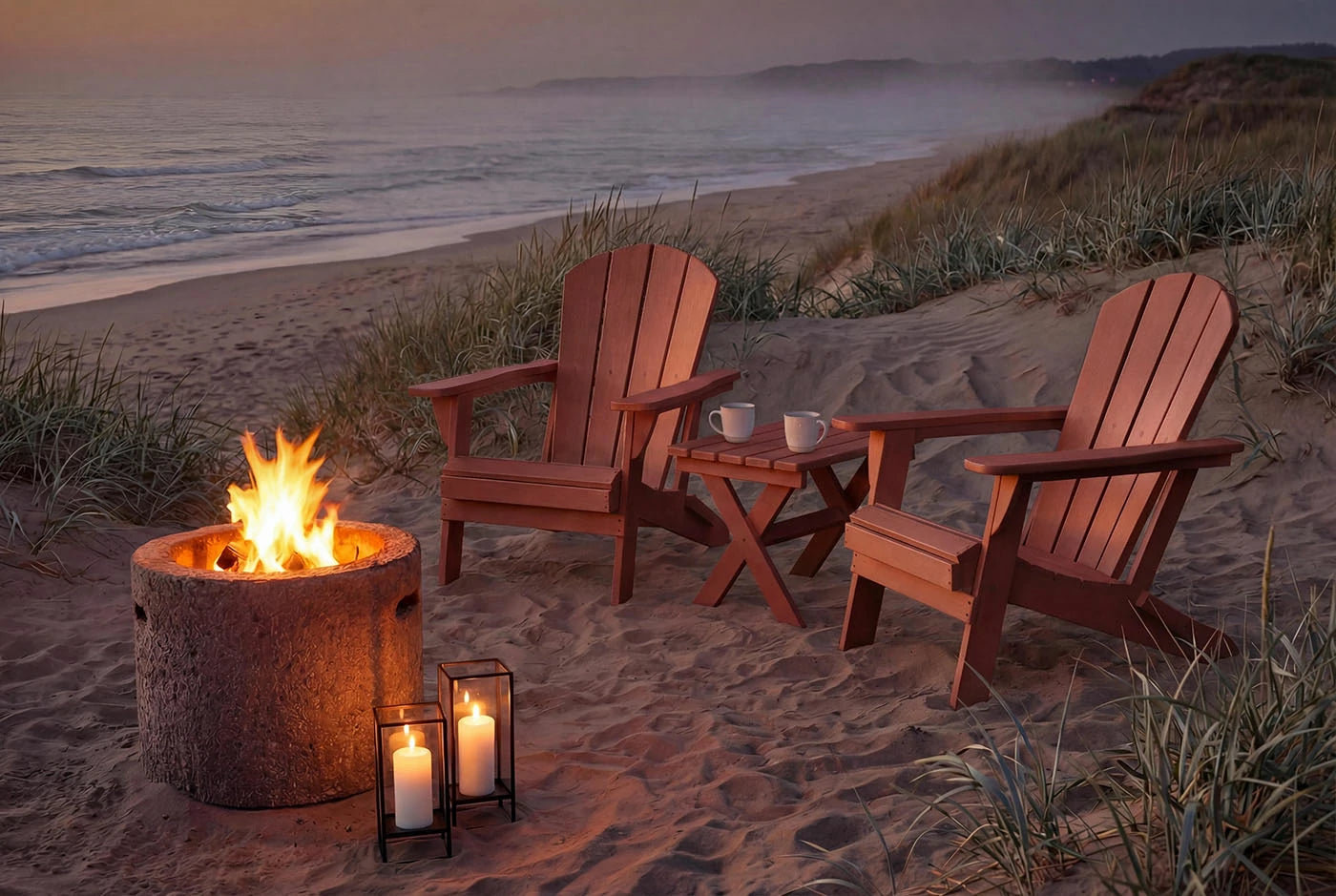 Two HDPE Adirondack chairs and a fire pit on a sandy beach at dusk.