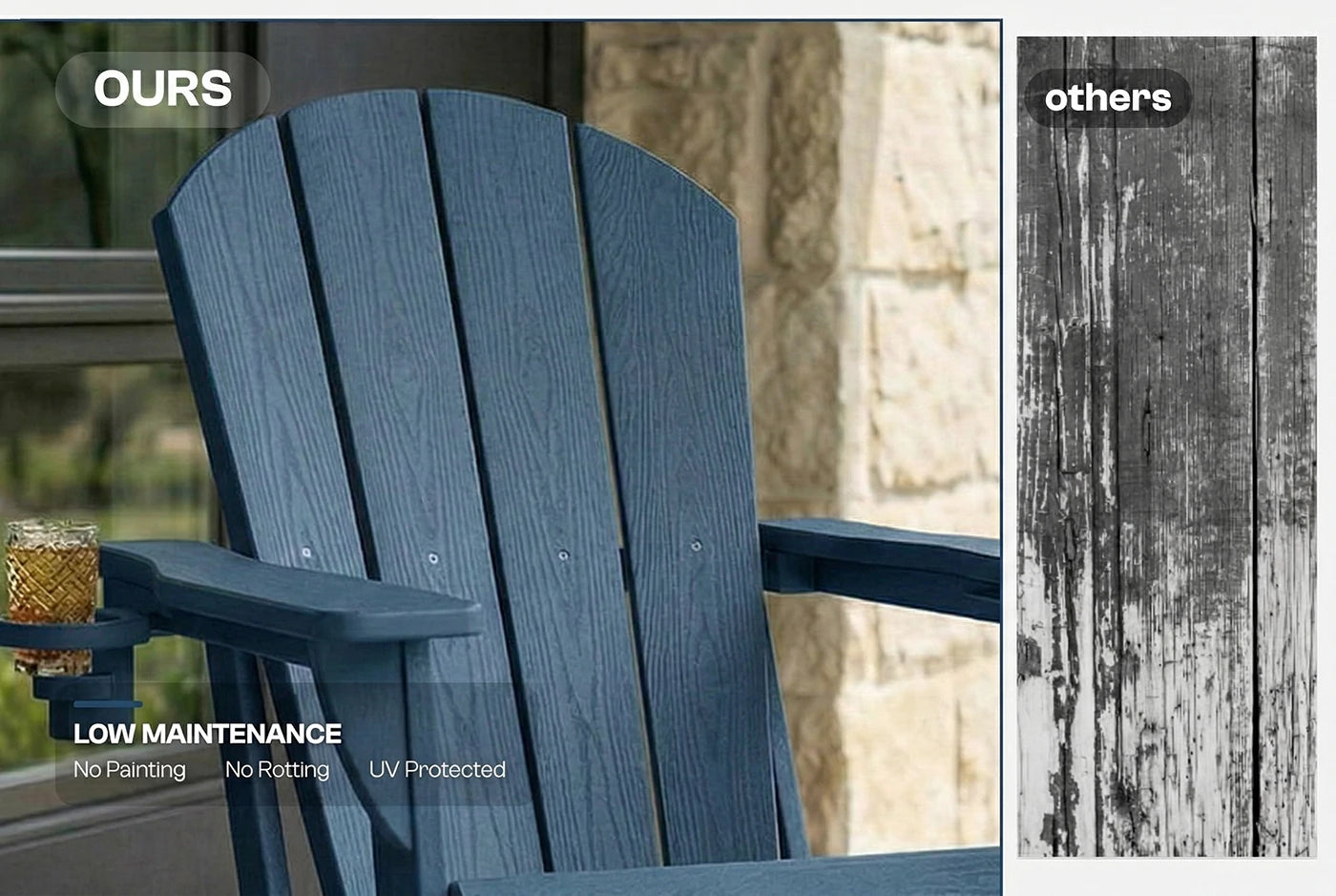 Blue Adirondack chair with text highlighting low maintenance features, next to a comparison of 'ours' vs 'others'.