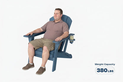 Man sitting on a blue chair with a weight capacity label on a white background