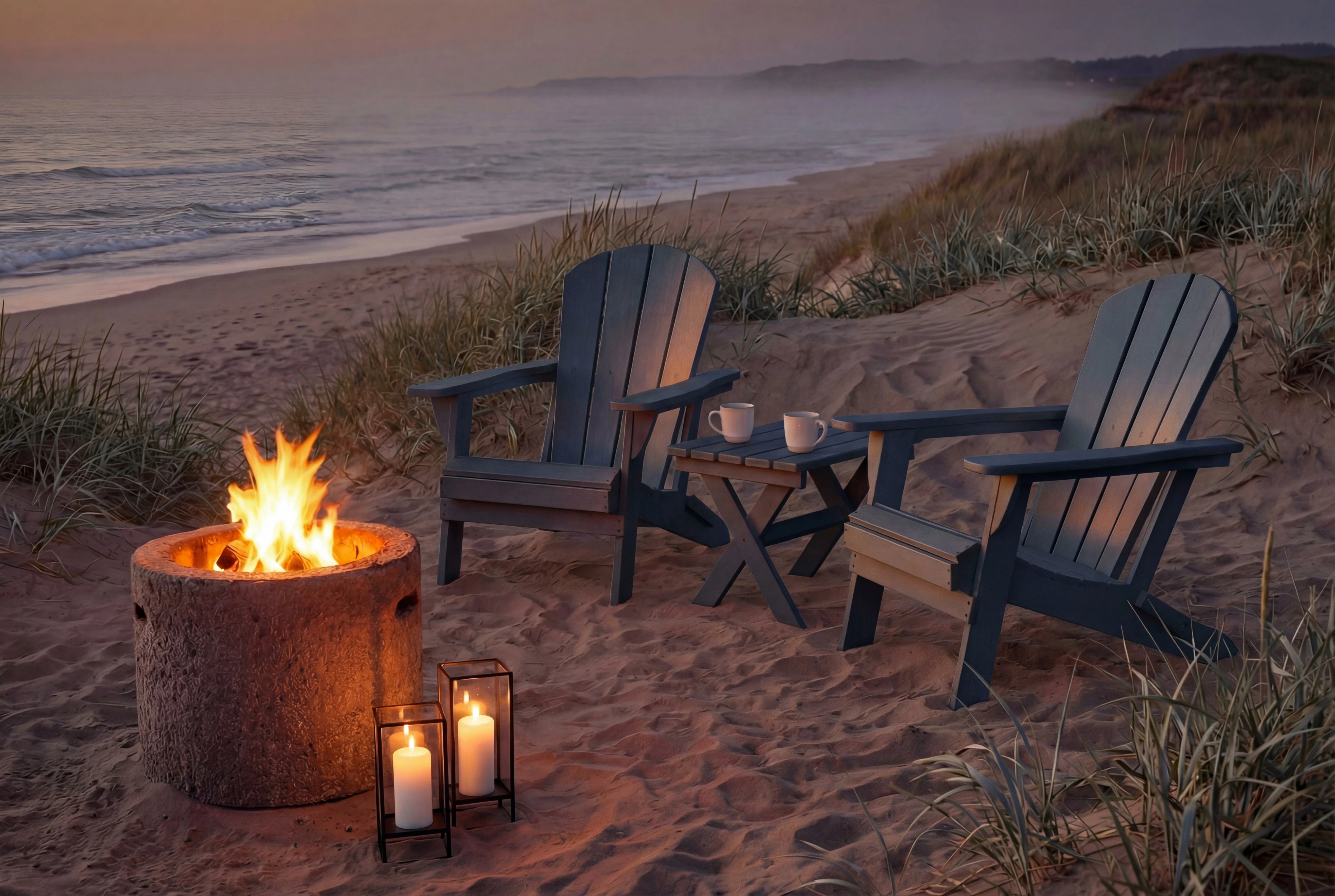 Two Adirondack chairs around a fire pit on a sandy beach at dusk.